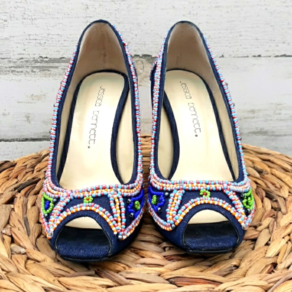 EUC JESSICA BENNETT JKIRABU DENIM & BEADED HEELS - Picture 2 of 10